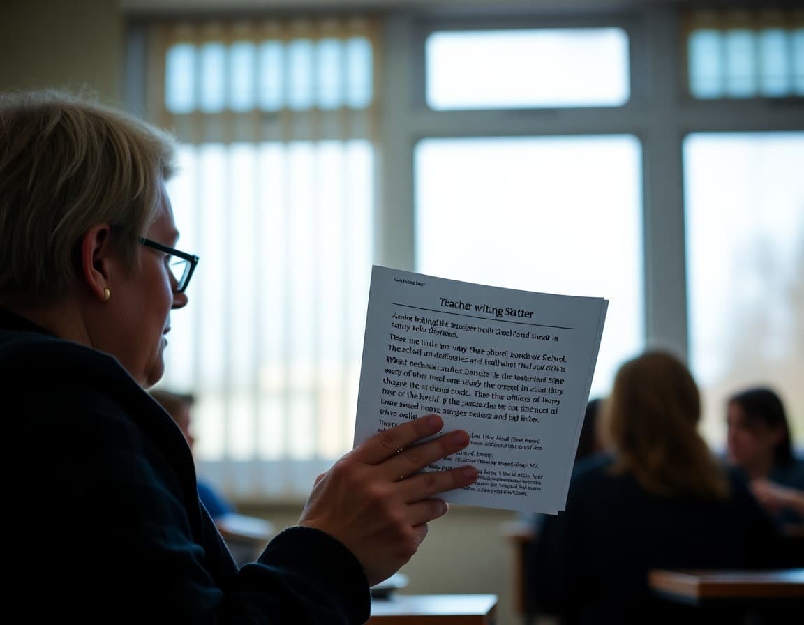 Parent reading a teacher newsletter announcing the school writing club and what students will produce