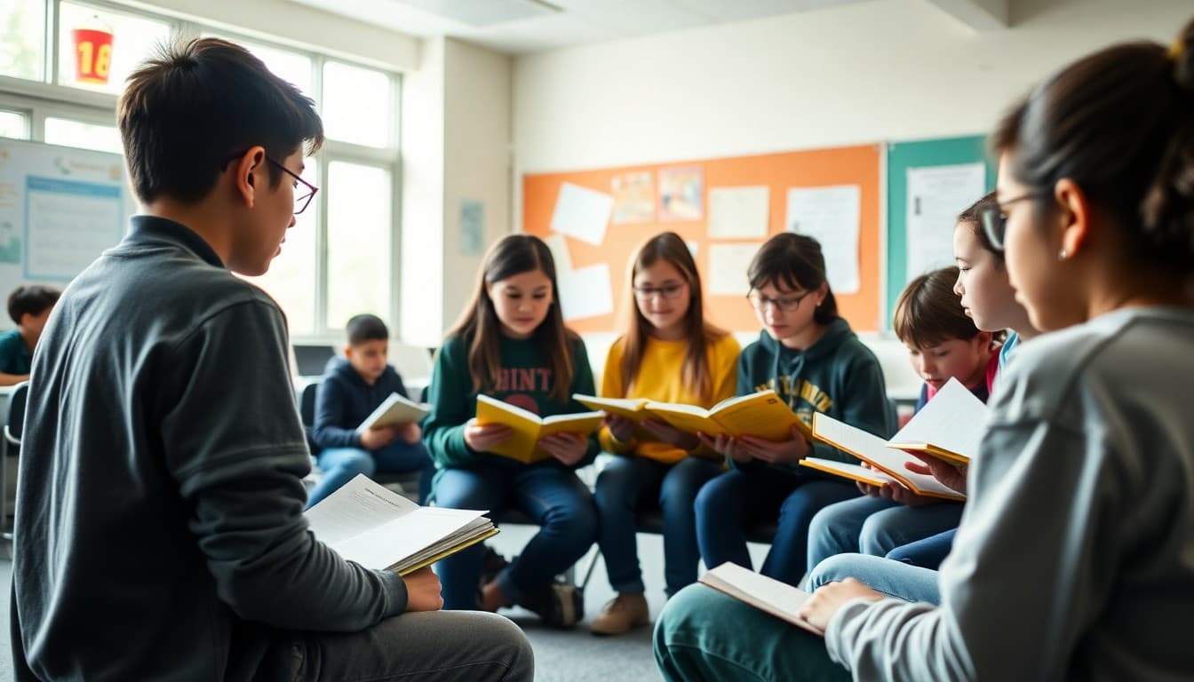 Students sharing their writing pieces in a circle during an after-school writing club session