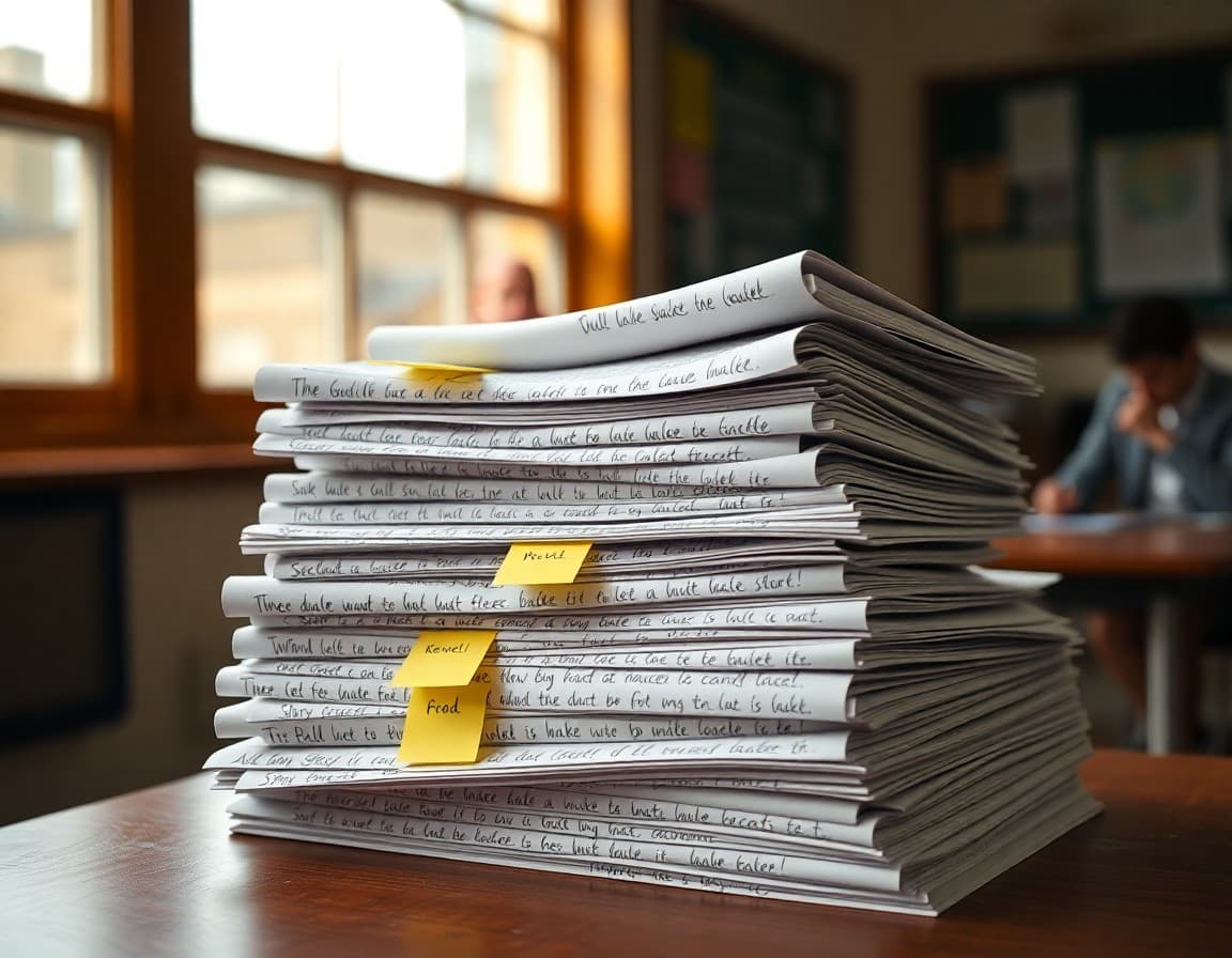 Stack of handwritten student story drafts with revision marks and sticky notes