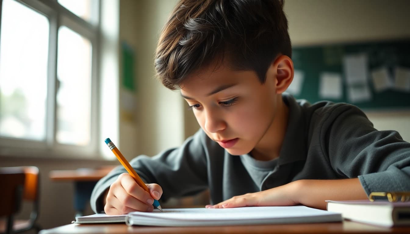 Student writing in a notebook at a desk with a pencil, looking focused and engaged