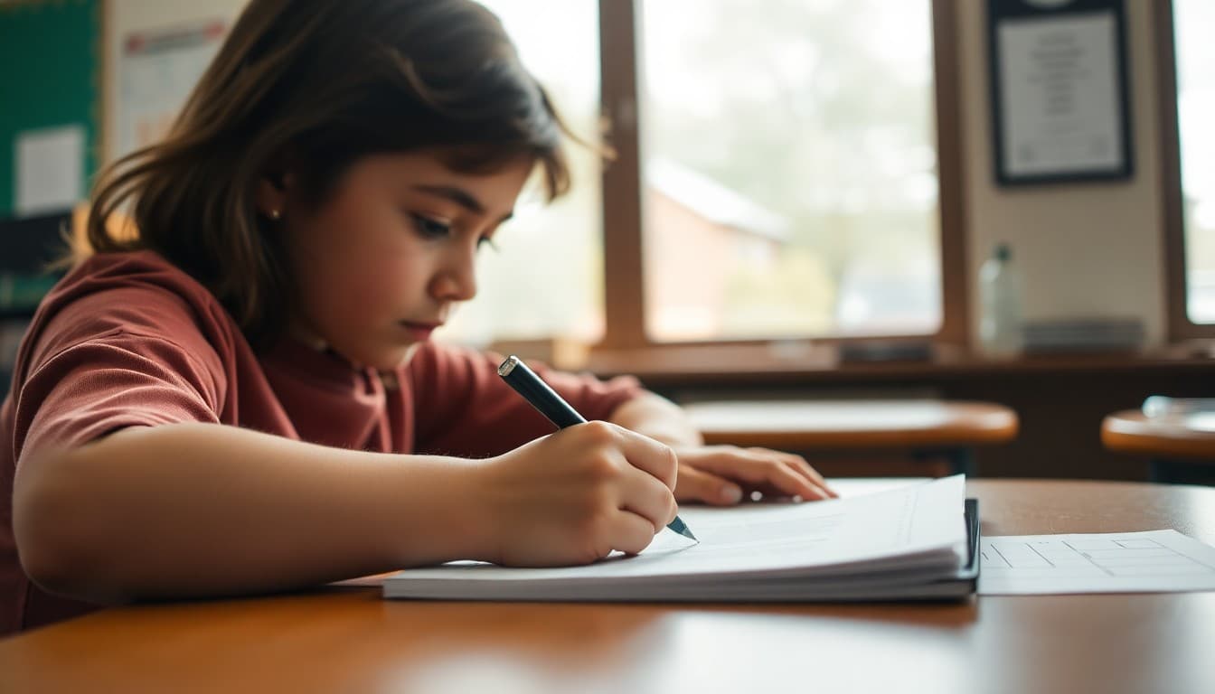 Student drafting a paragraph on paper with revision marks and a pre-writing graphic organizer visible