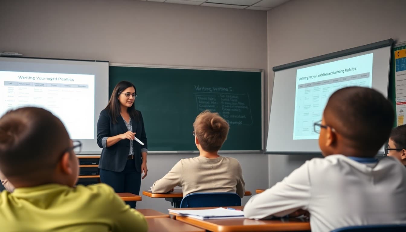 Teacher reviewing a writing rubric with students projected on a classroom whiteboard