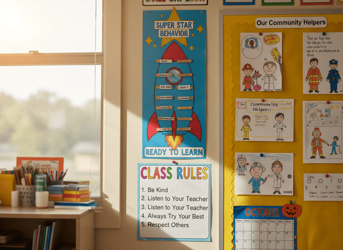A third grade classroom behavior chart posted on the wall next to student work displays
