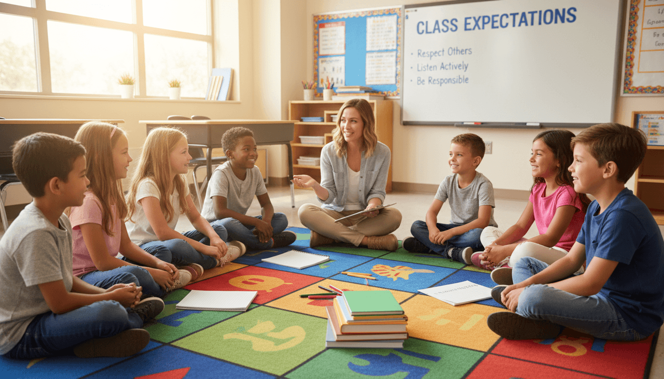 Third grade students sitting attentively in a circle during a class meeting about classroom expectations