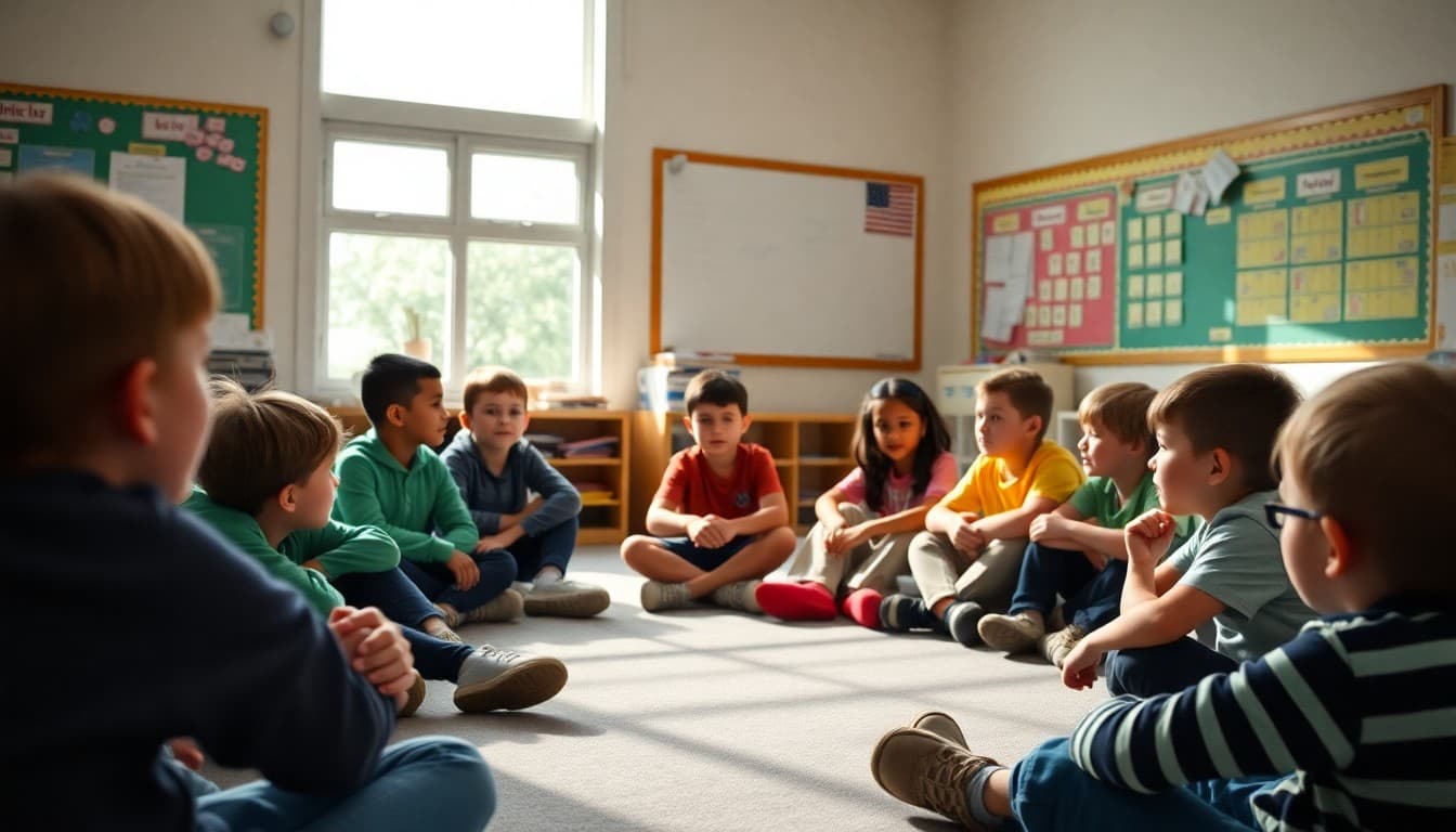 Third grade students engaged in a collaborative class meeting discussion in a circle