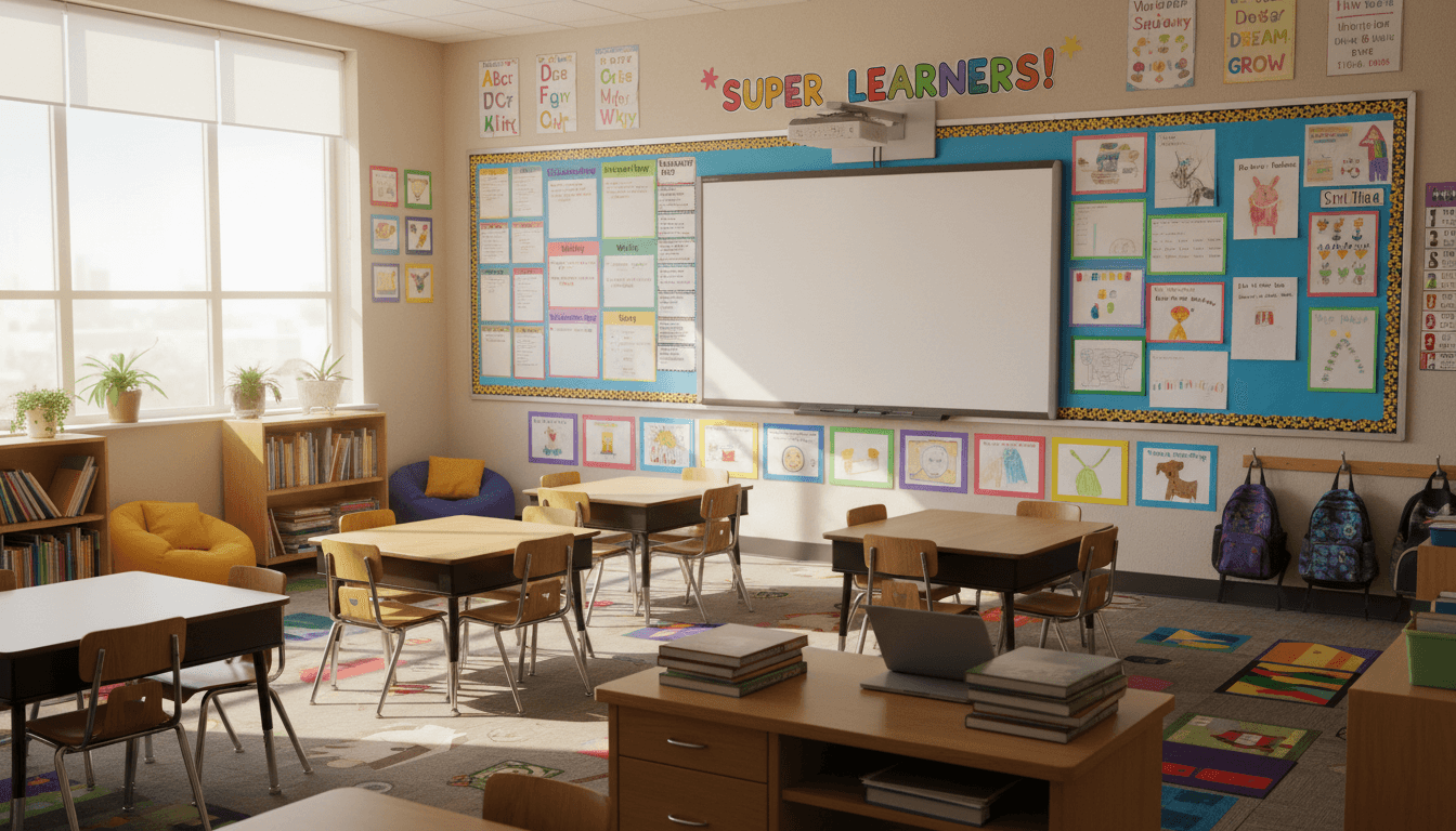 Third grade classroom with curriculum maps and student work displayed on colorful bulletin boards