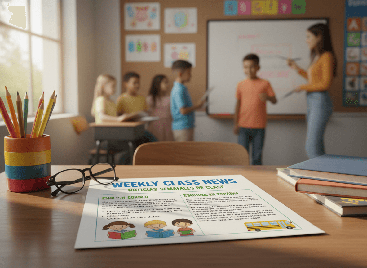 Bilingual classroom newsletter on a desk showing translated content for ELL families