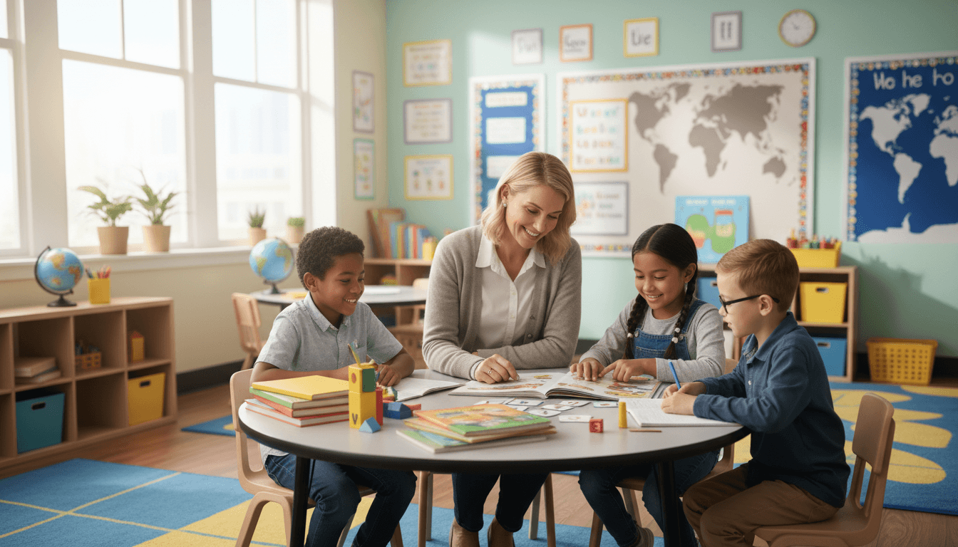Third grade teacher working with English language learner students in a welcoming classroom