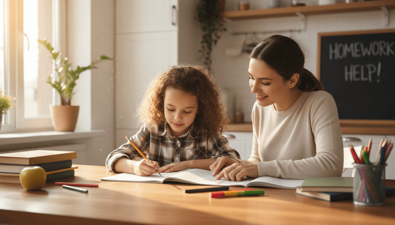 A third grade student sitting at a kitchen table doing homework with a parent nearby offering support