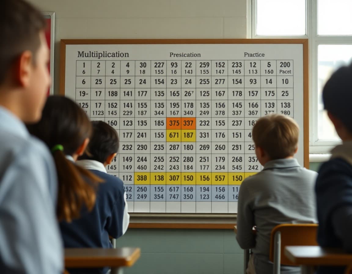 Multiplication chart with highlighted columns showing a systematic practice approach