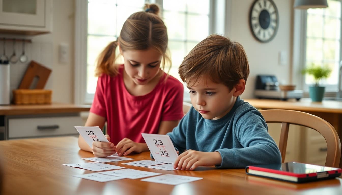 Third grader reviewing multiplication flashcards at a kitchen table with a parent