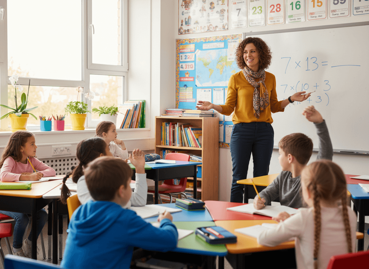 A third grade teacher pointing to a math problem on the whiteboard while students follow along
