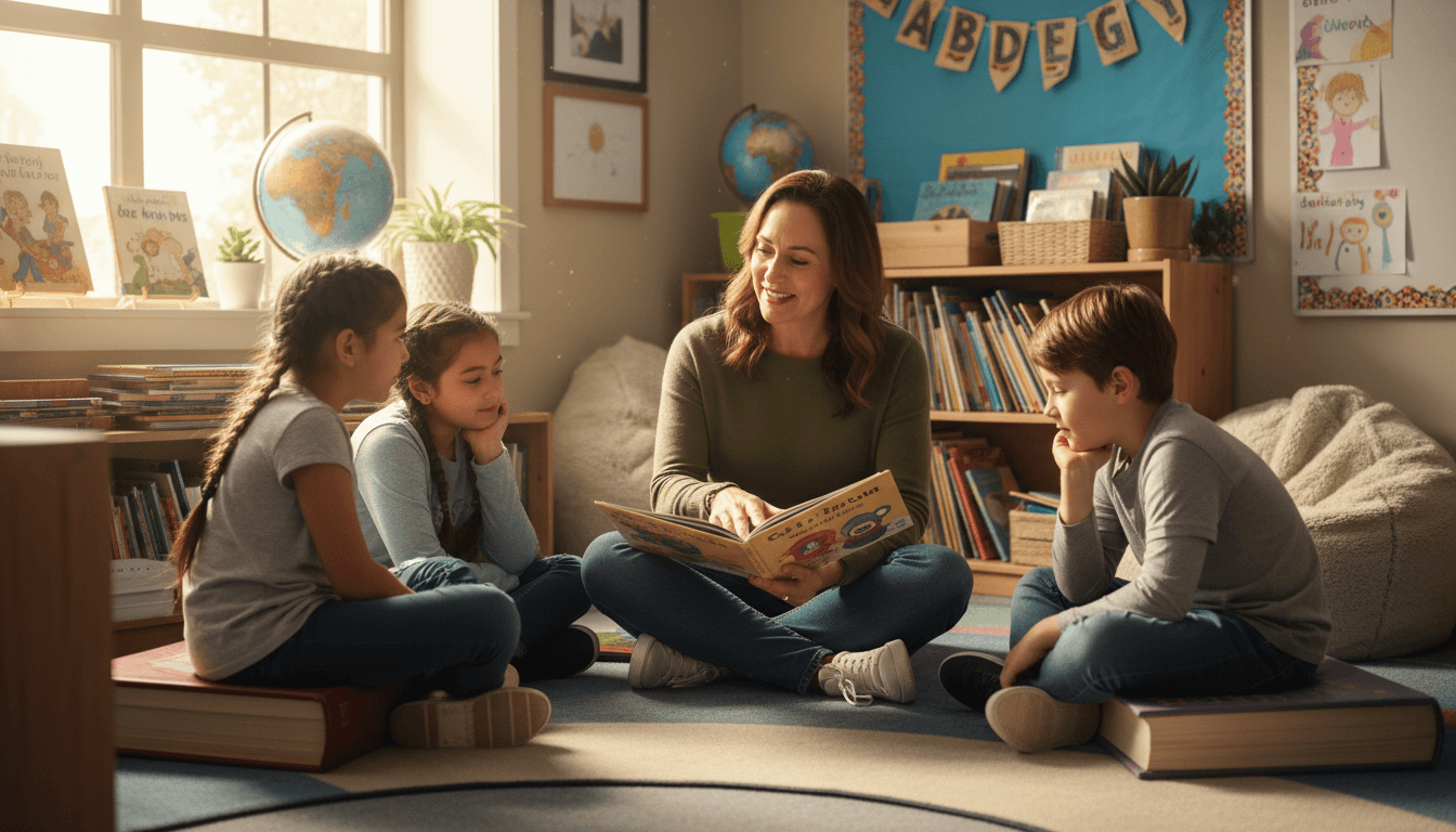 A parent volunteer reading with a small group of third grade students in a classroom reading nook
