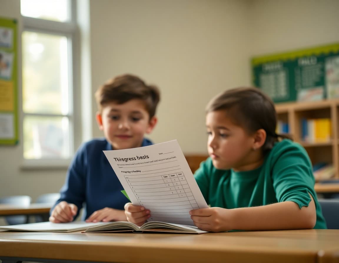 Third grade progress report with highlighted reading and math sections showing assessment marks