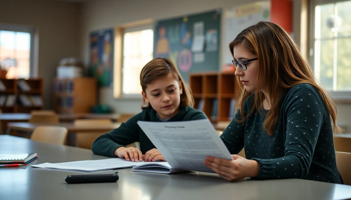 Third grade parent and teacher reviewing a progress report at a school conference table