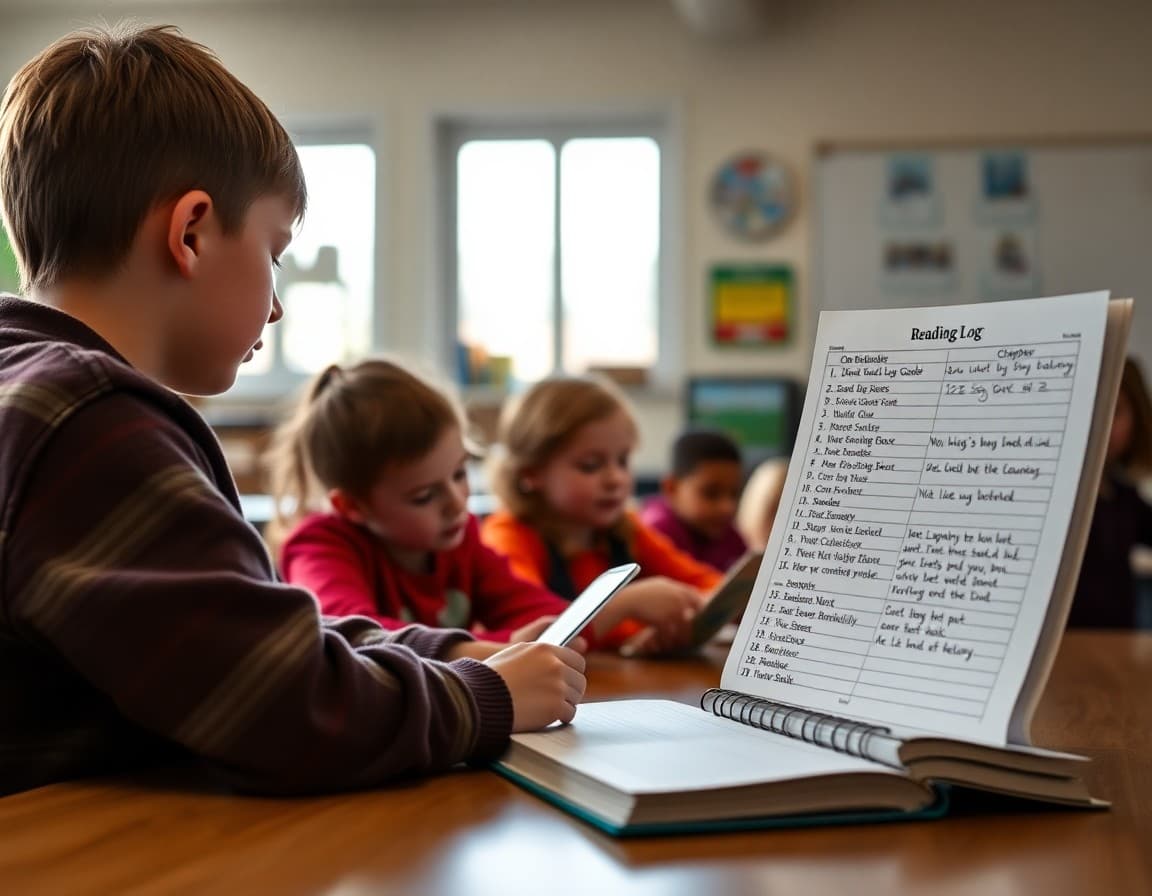 Third grade reading log with chapter books listed, minutes, and brief written responses