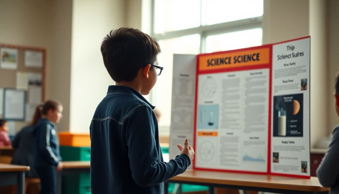 Third grade student presenting a science fair project with a detailed display board