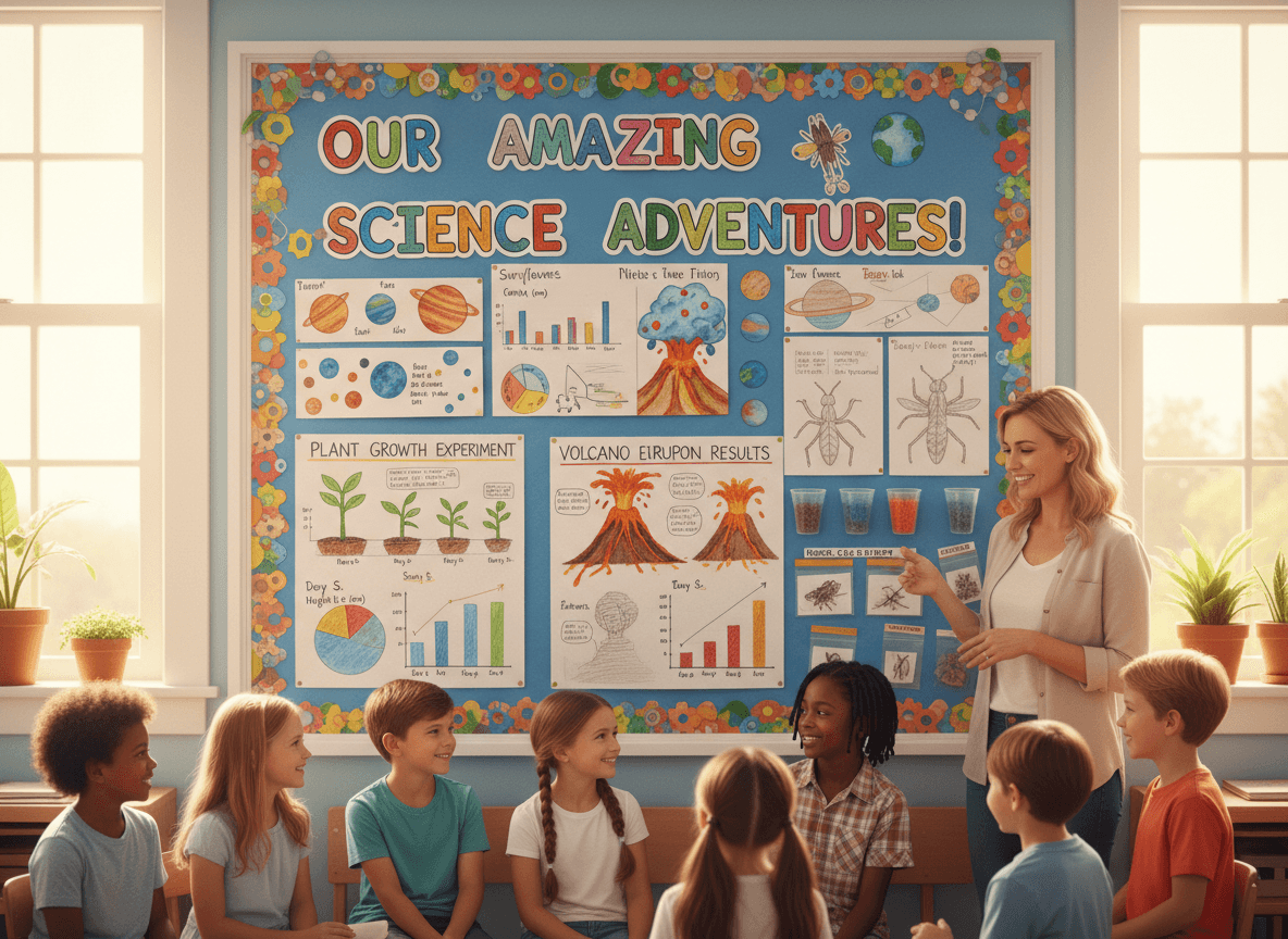 A colorful science unit display with student observations, drawings, and experiment results in a third grade classroom