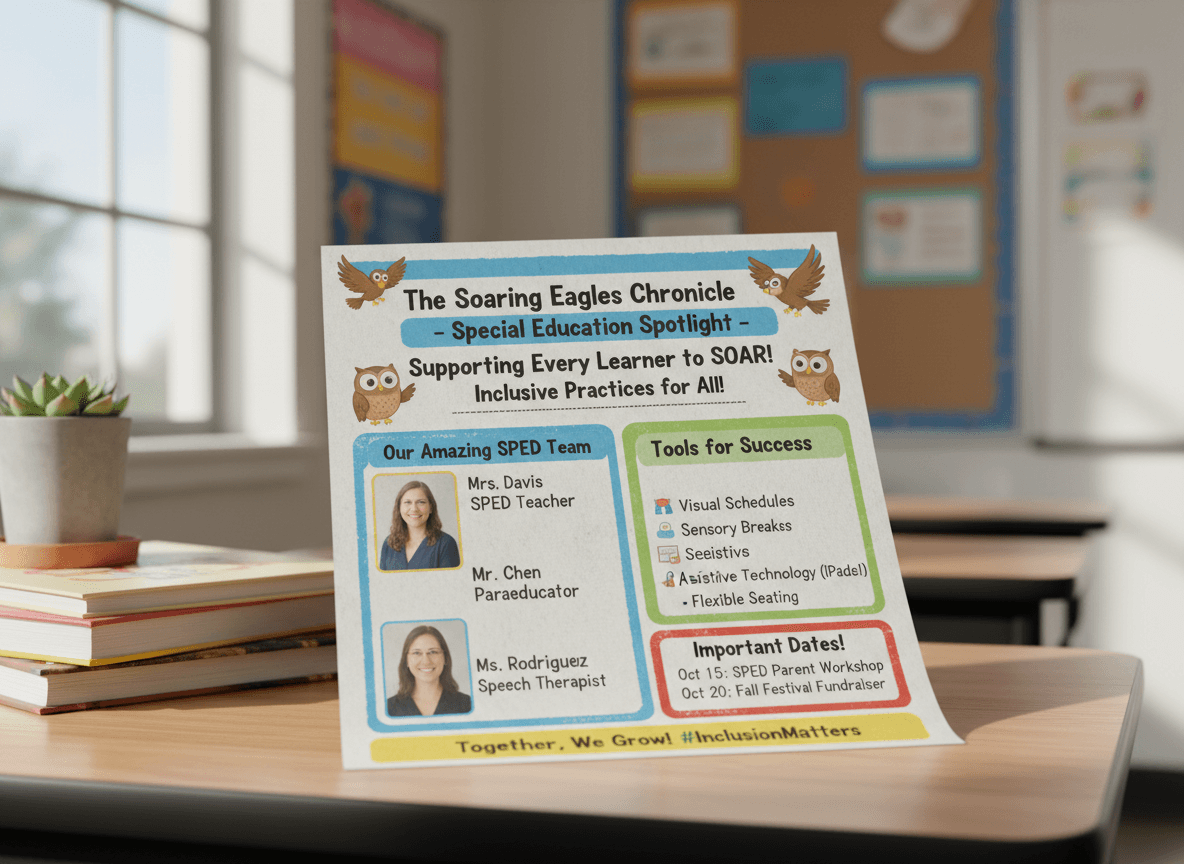 A colorful third grade classroom newsletter focused on special education supports