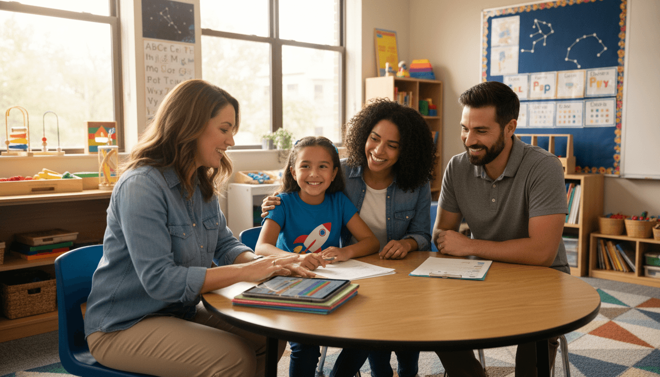 Third grade special education teacher reviewing student progress with a family