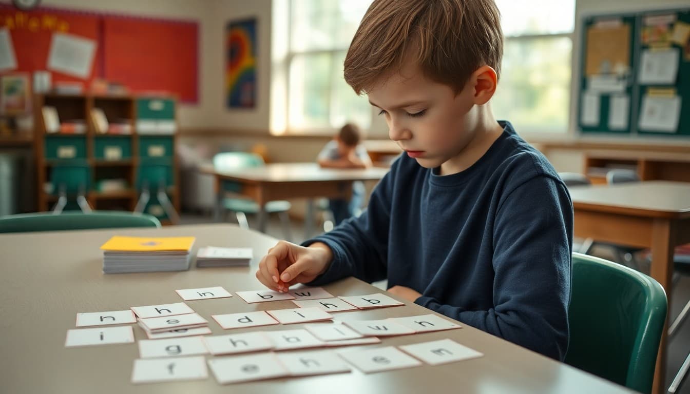 Third grader sorting spelling word cards into pattern categories on a table