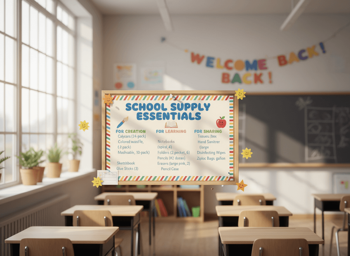 A colorful school supply list displayed on a classroom bulletin board with labeled item categories