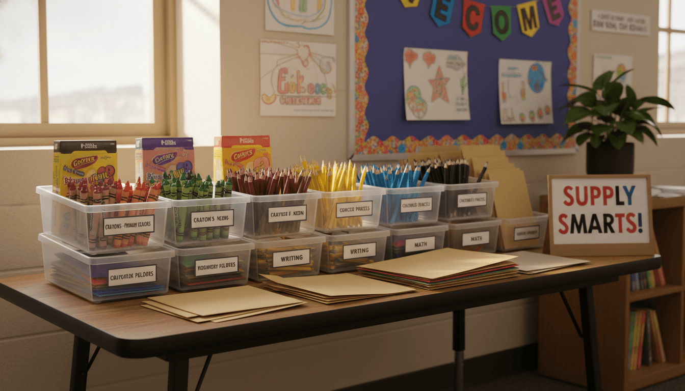 An organized third grade classroom supply station with labeled bins of crayons, pencils, and folders