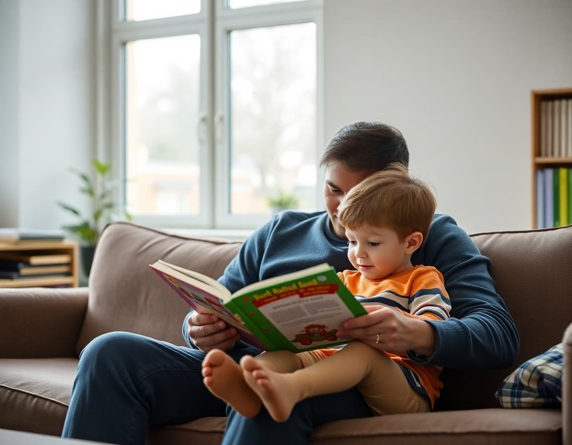 Parent and child reading a book together on a couch