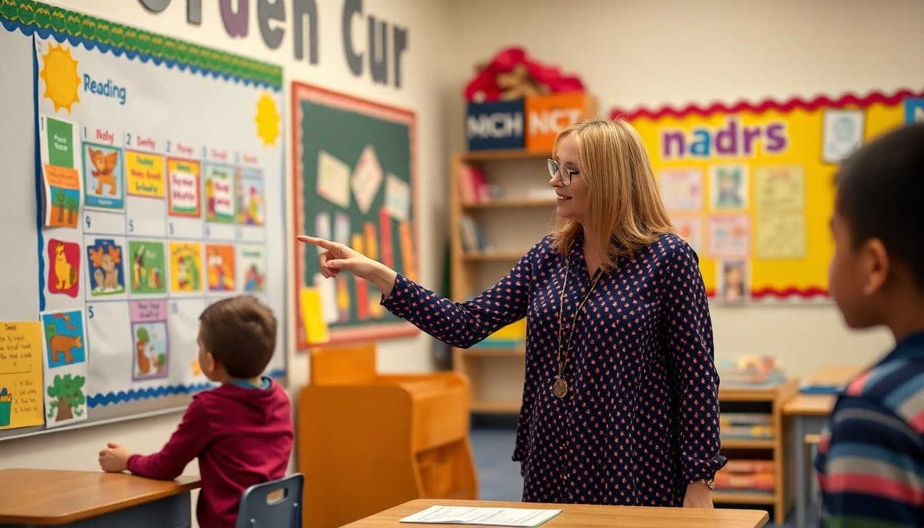Tennessee teacher pointing at a reading chart in a colorful elementary classroom