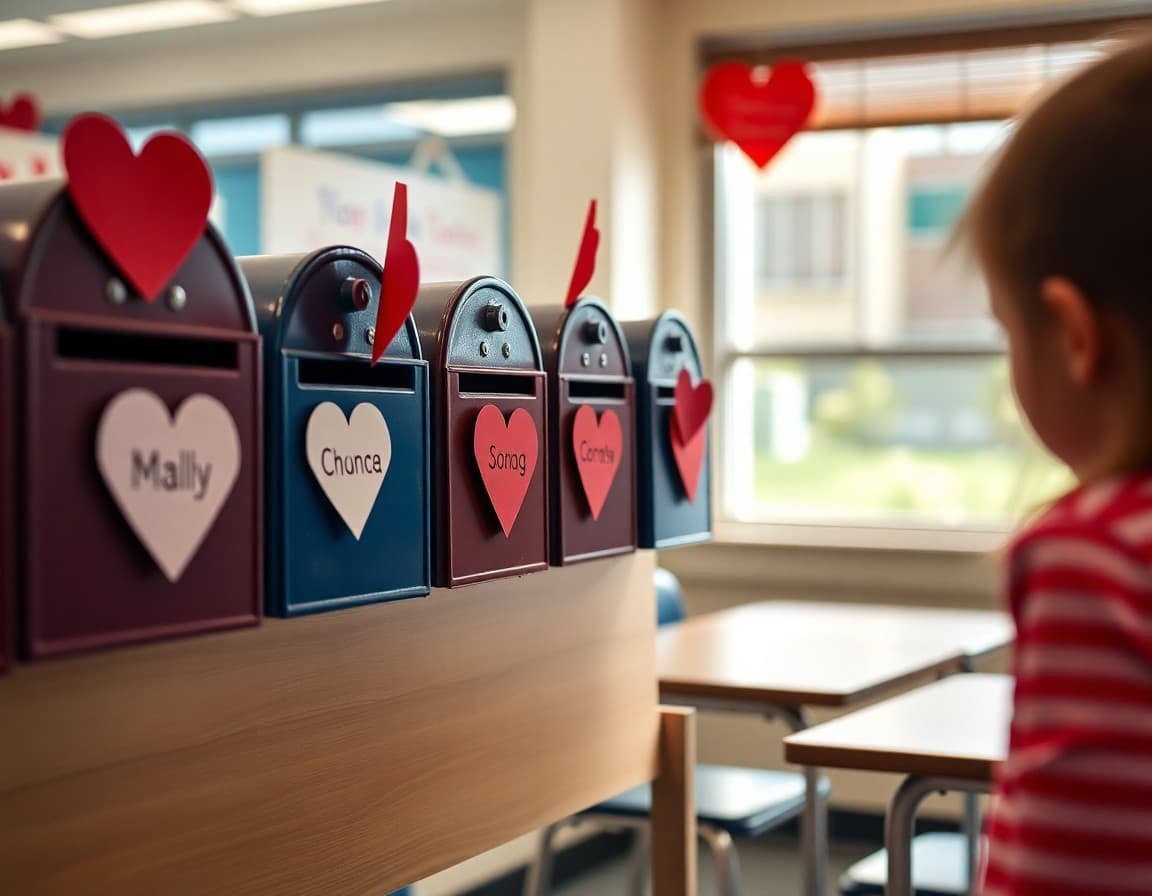 Valentine's Day classroom mailboxes decorated with hearts and student names