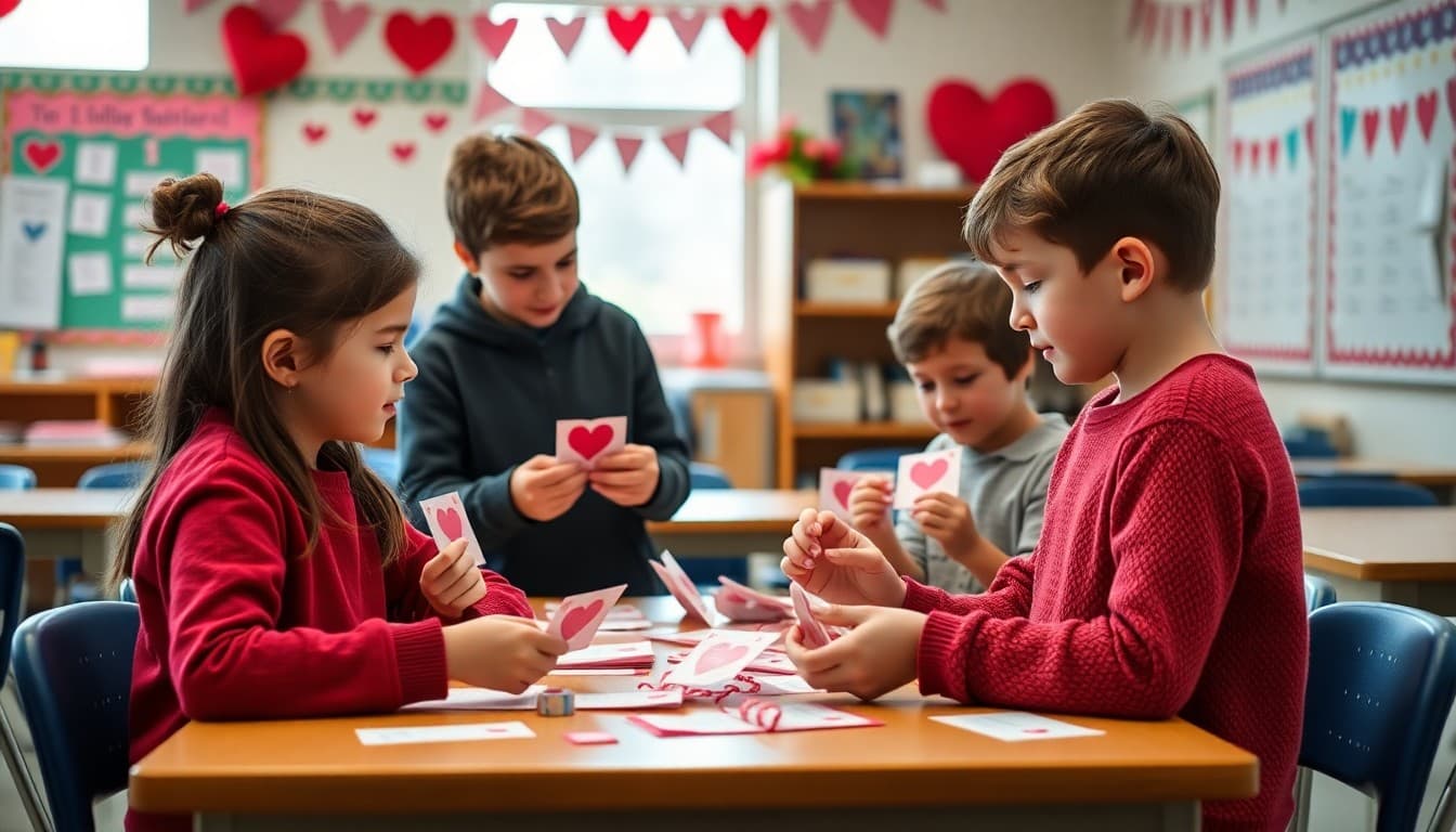 Students exchanging Valentine's Day cards in a decorated classroom