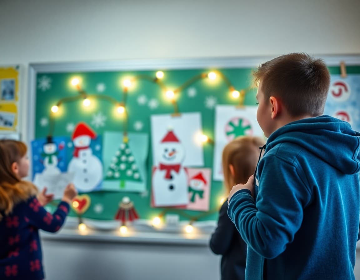 Winter holiday craft projects displayed on a bulletin board with lights