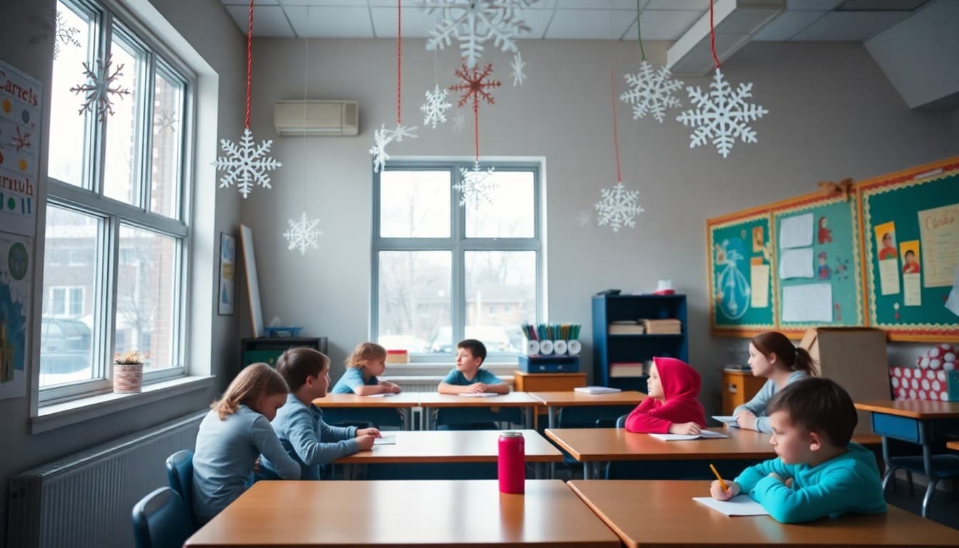 Classroom decorated for winter with paper snowflakes and student art on the walls