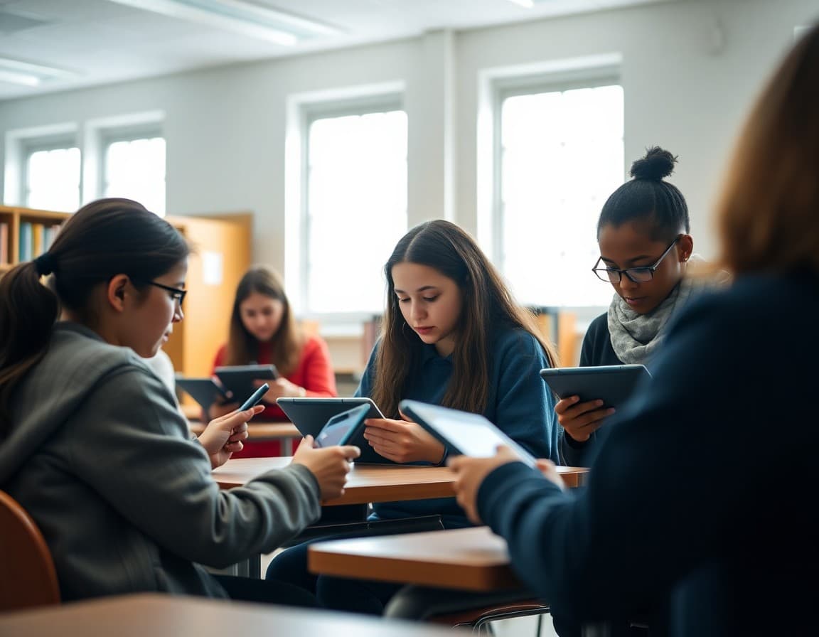 Students researching women in history on tablets in a classroom library area