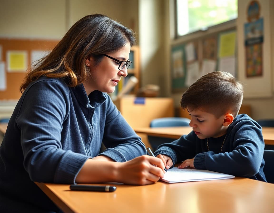 Teacher conducting a one-on-one writing conference with a student at a desk