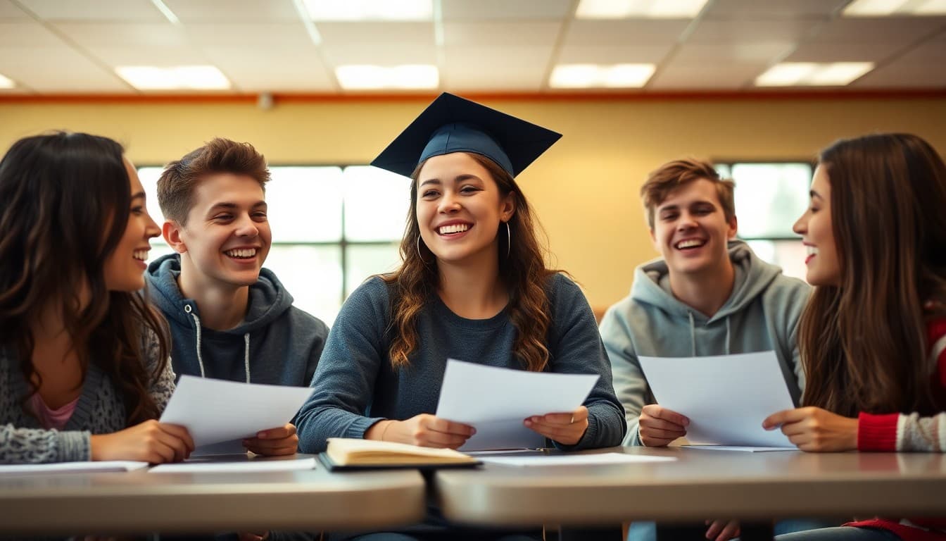 High school seniors celebrating their college acceptances together in the school cafeteria