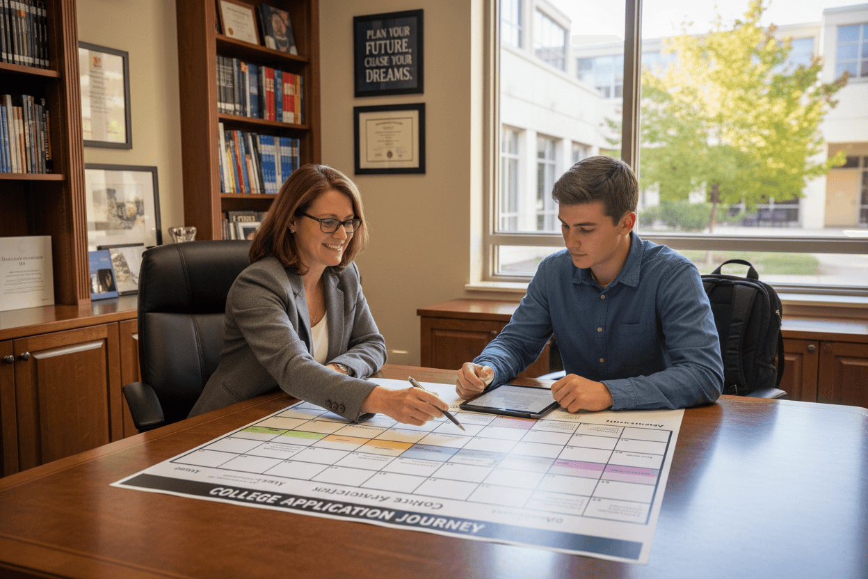 A month-by-month senior college counseling timeline displayed as a newsletter on a laptop screen