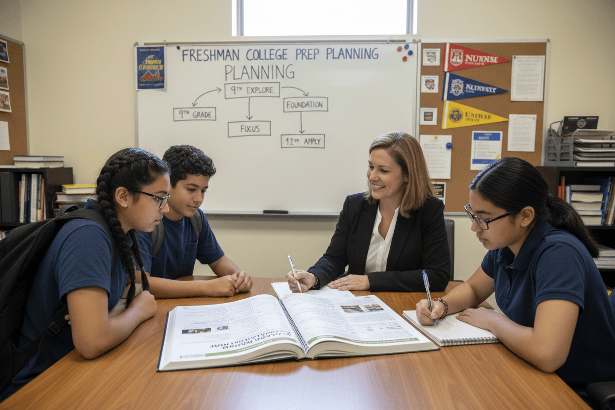 A high school counselor newsletter for freshman families showing a four-year college prep plan on a tablet