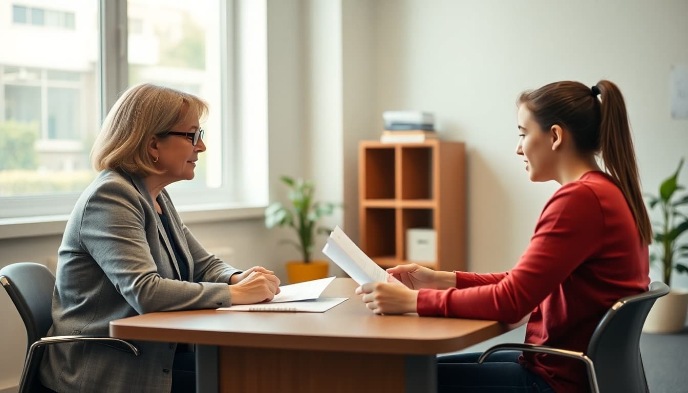 A high school counselor sitting across from a student, reviewing financial aid appeal paperwork together