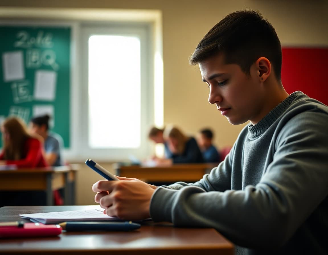 Student filling out scholarship application forms at desk in February