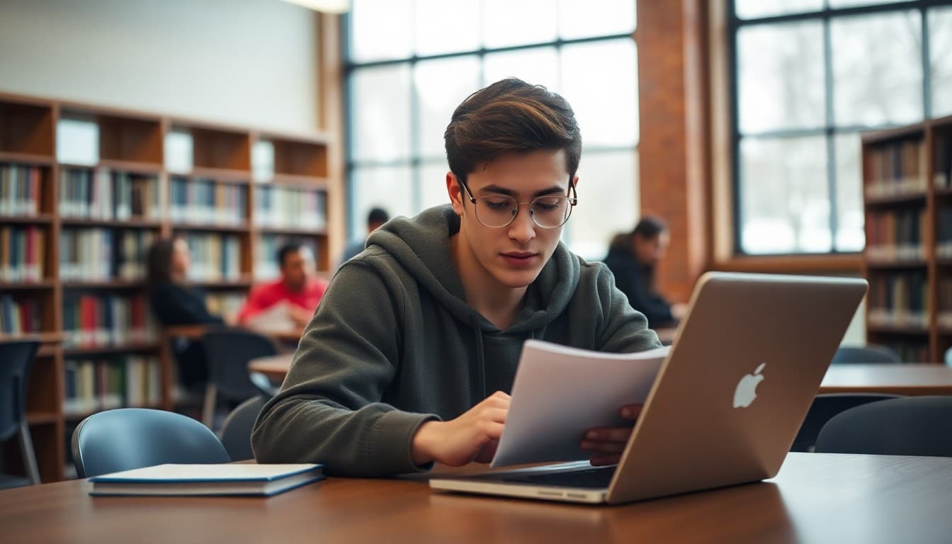 Senior student researching scholarships on a laptop in February school library