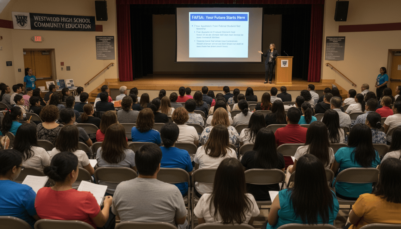 A school counselor presenting financial aid information to a room of parents and students at a high school evening event