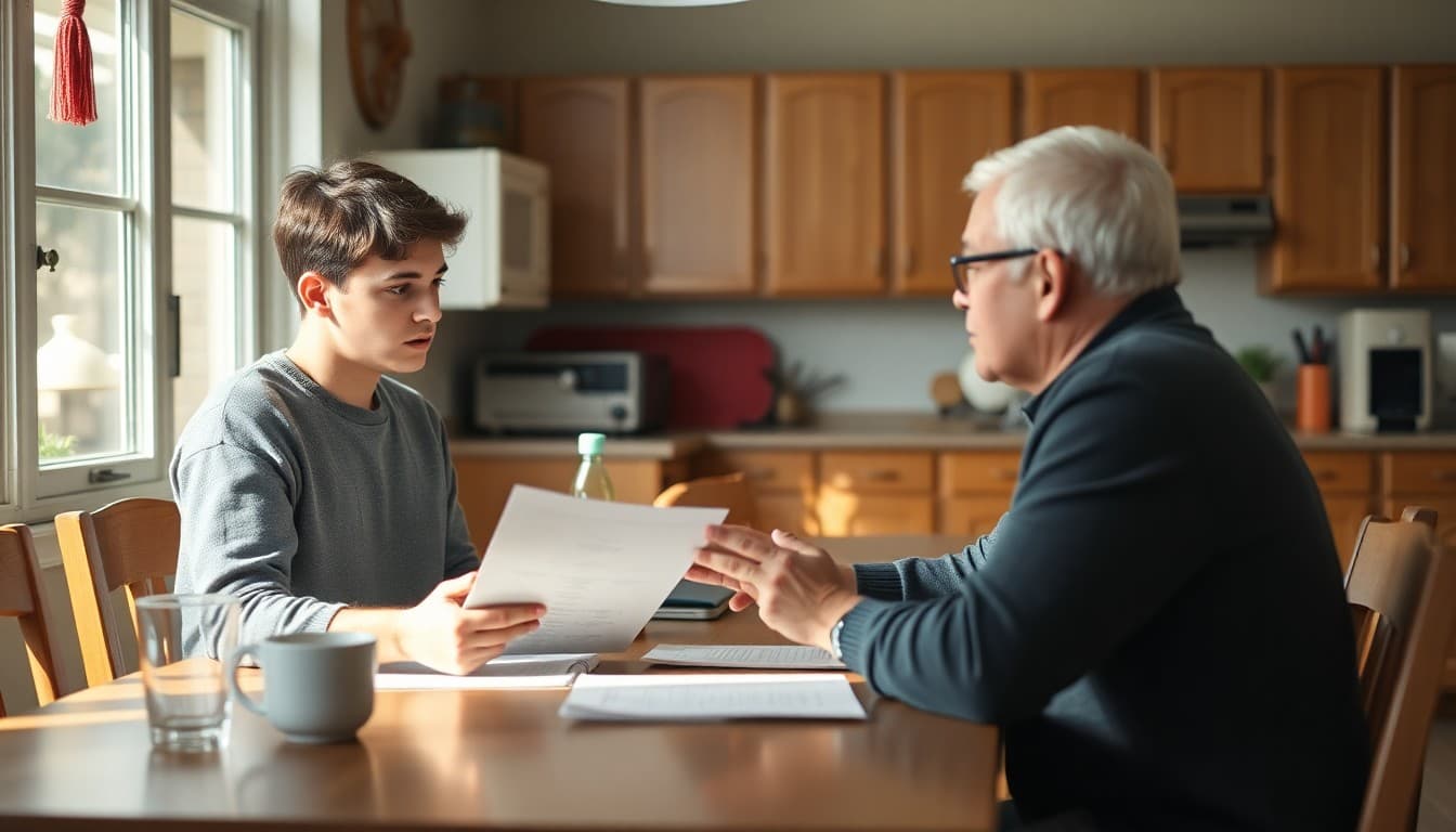 High school senior learning about student loans and college budgeting with a parent at the kitchen table