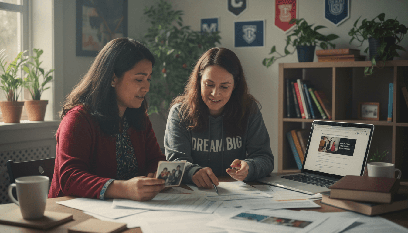 A high school counselor sitting with a first-generation college student and their parent at a table covered with college brochures and financial aid forms