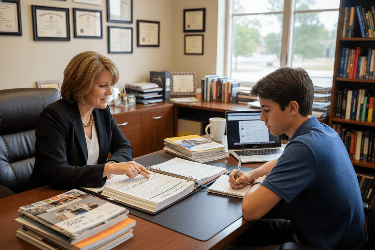 A monthly guidance counselor college prep newsletter on a laptop showing a fall deadline calendar and counselor appointment instructions