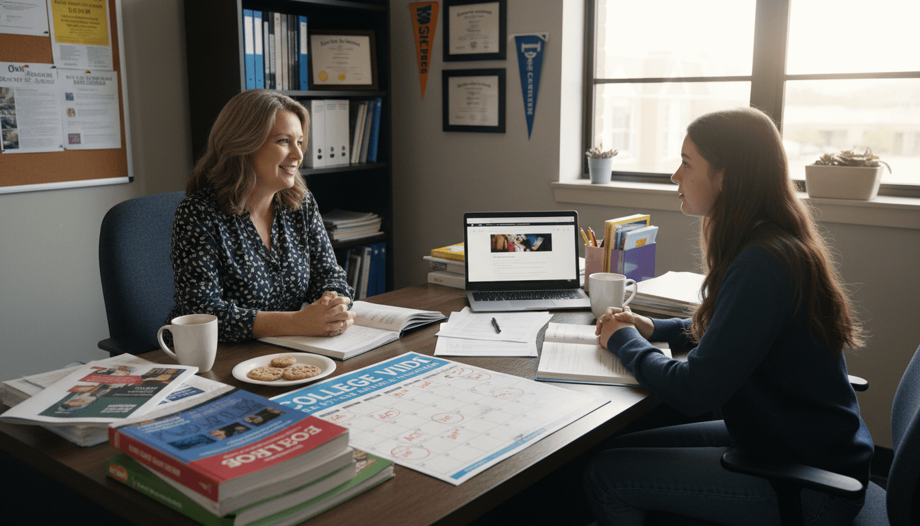 A high school guidance counselor at her desk reviewing college prep materials with a junior student