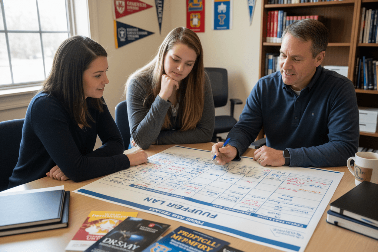 A junior year college planning newsletter showing a month-by-month action checklist and test registration calendar