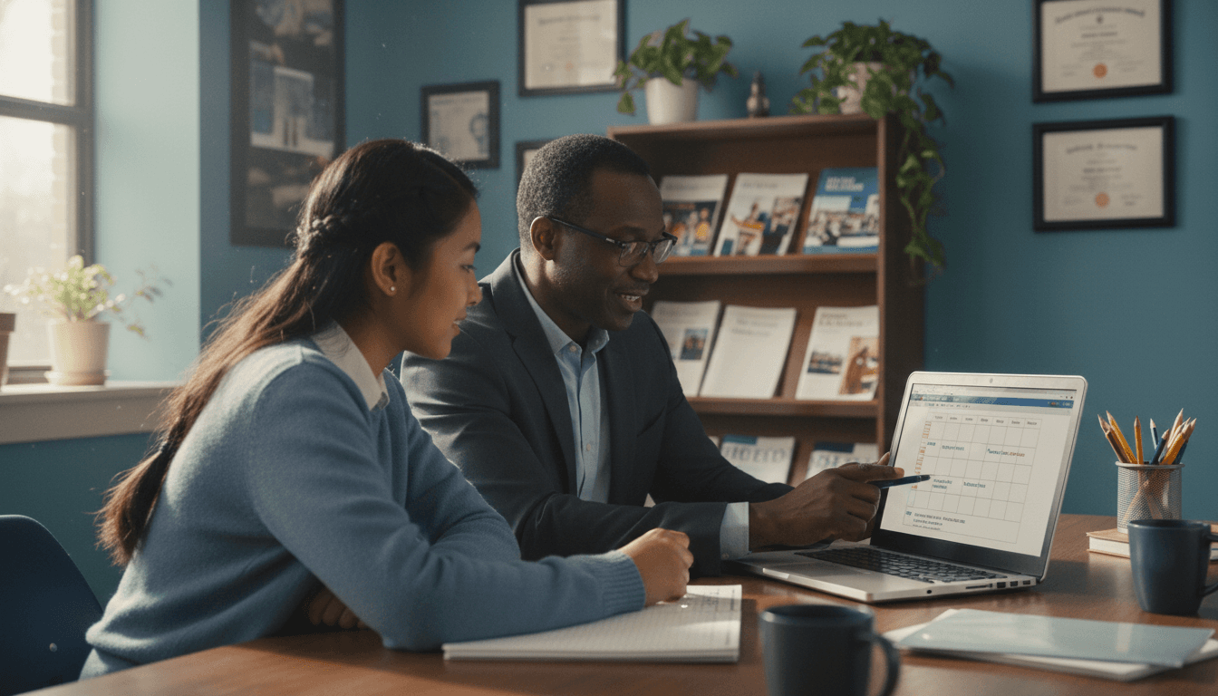 A high school junior talking with a guidance counselor about college planning with a timeline chart on the wall behind them