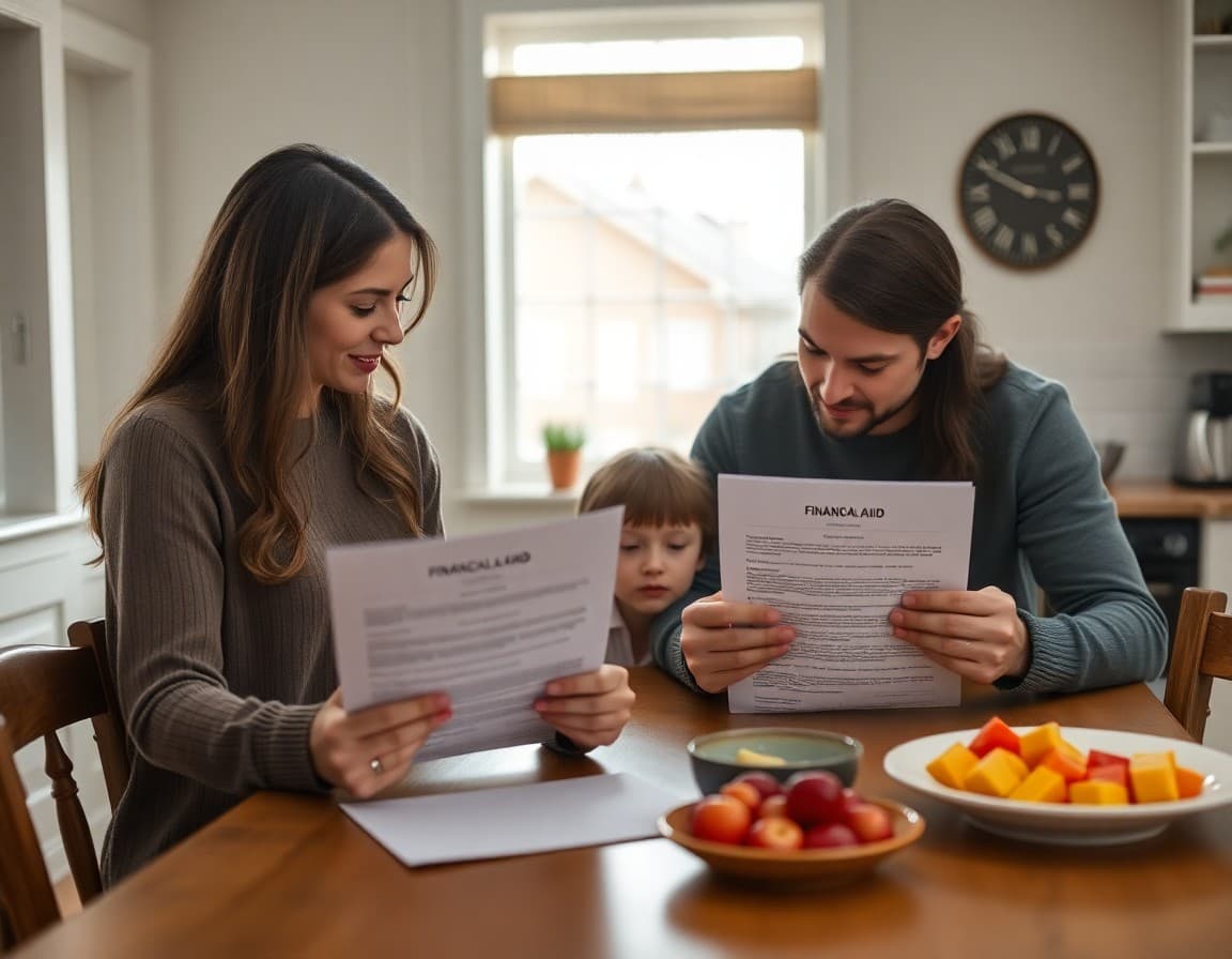Family comparing college financial aid award letters on the kitchen table in March
