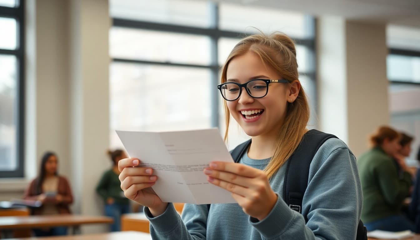 High school senior opening college acceptance letter in March with excited expression